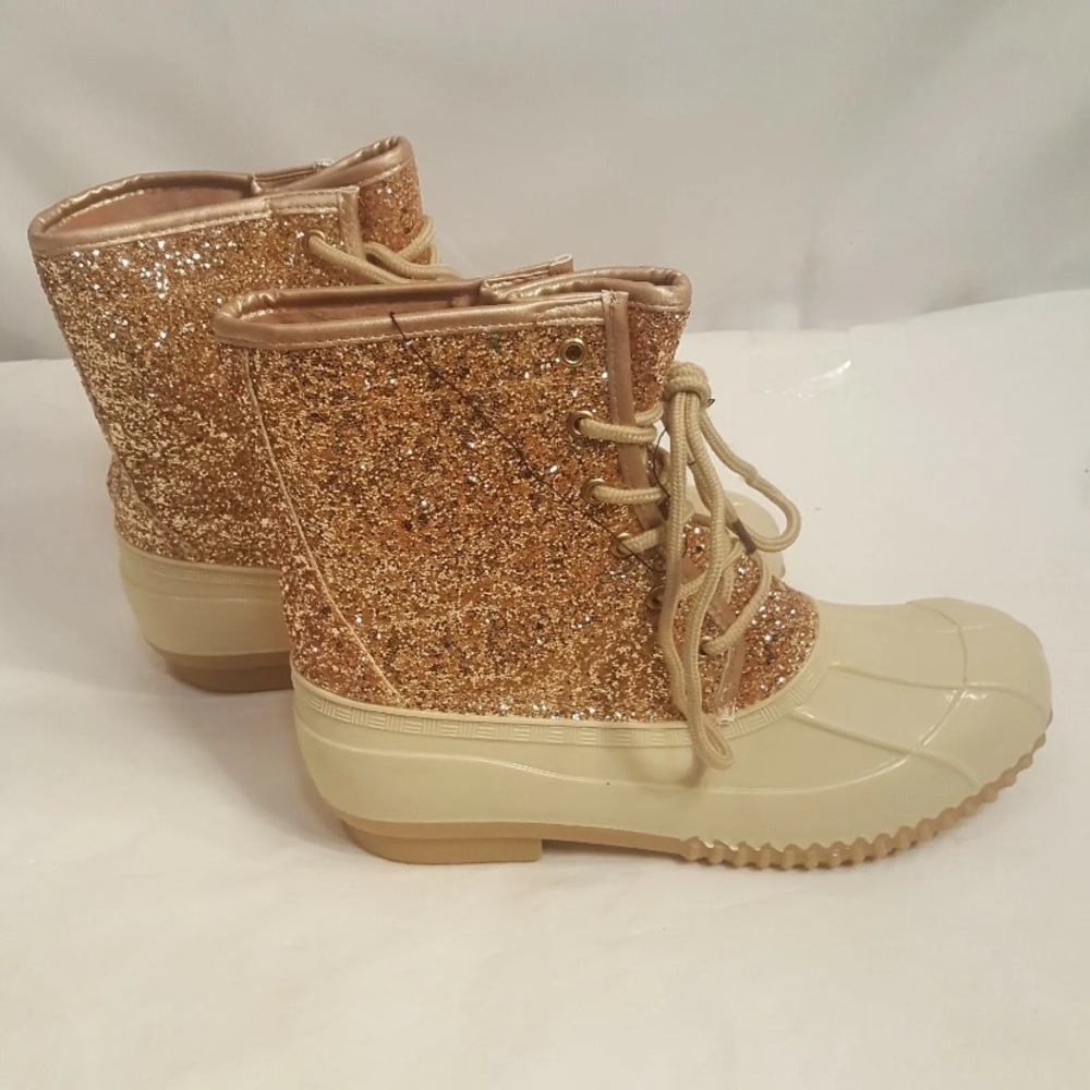 Sugar Women's Skipper Rose Gold Glitter Tan  Waterproof Rain Boot Size 9 M New
